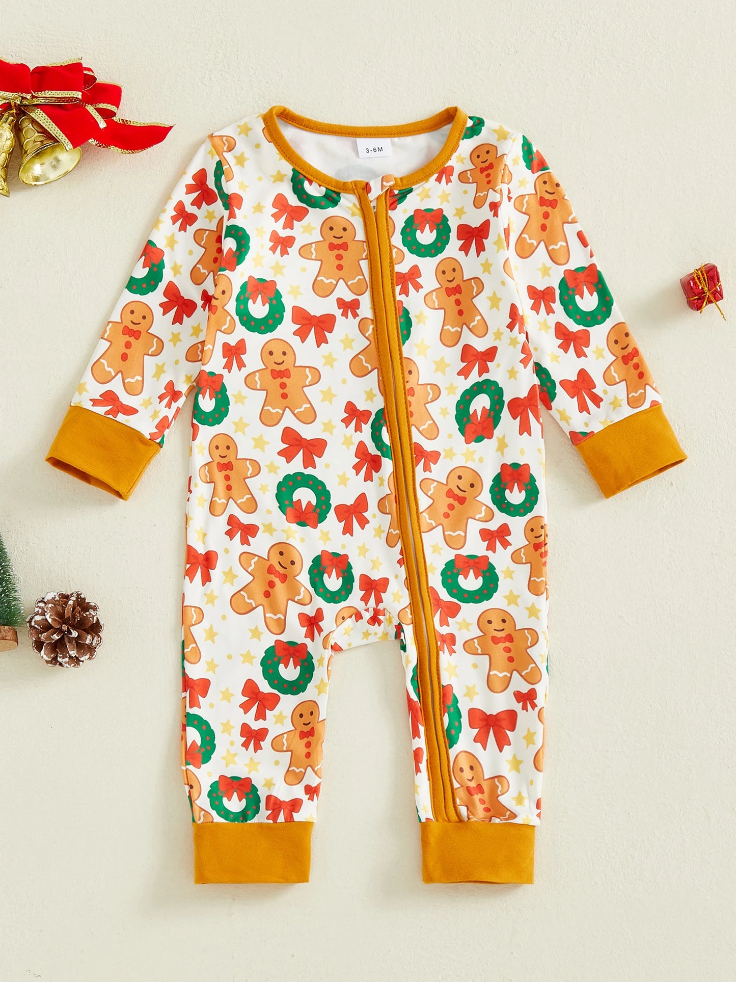 Baby Girls Christmas Jumpsuit with Santa and Gingerbread Print