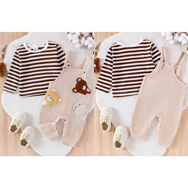 Infant Striped Bear Embroidery Overall Set for Fall 0-18M