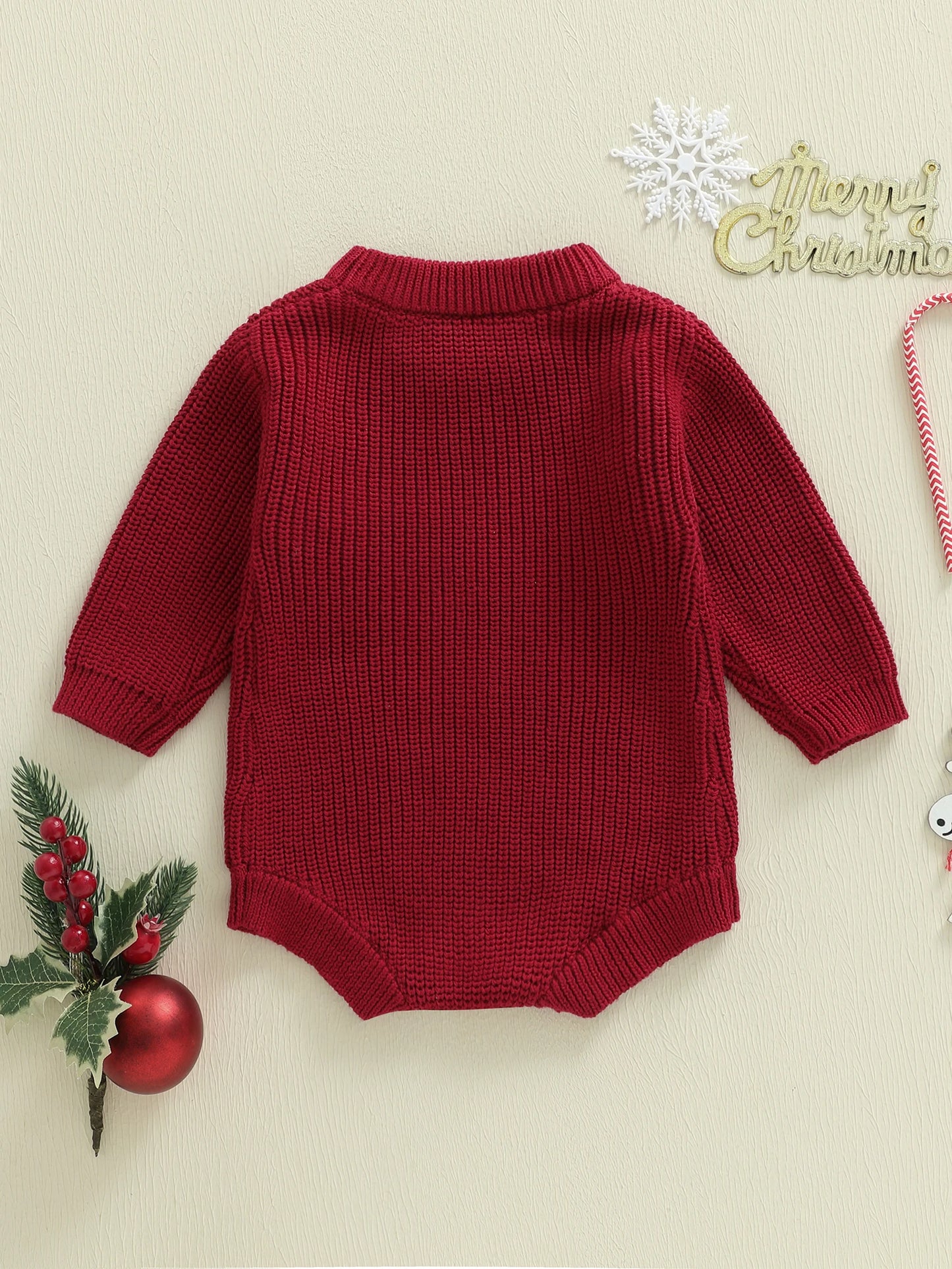 Baby Girl Christmas Knit Romper with Candy Cane Embroidery
