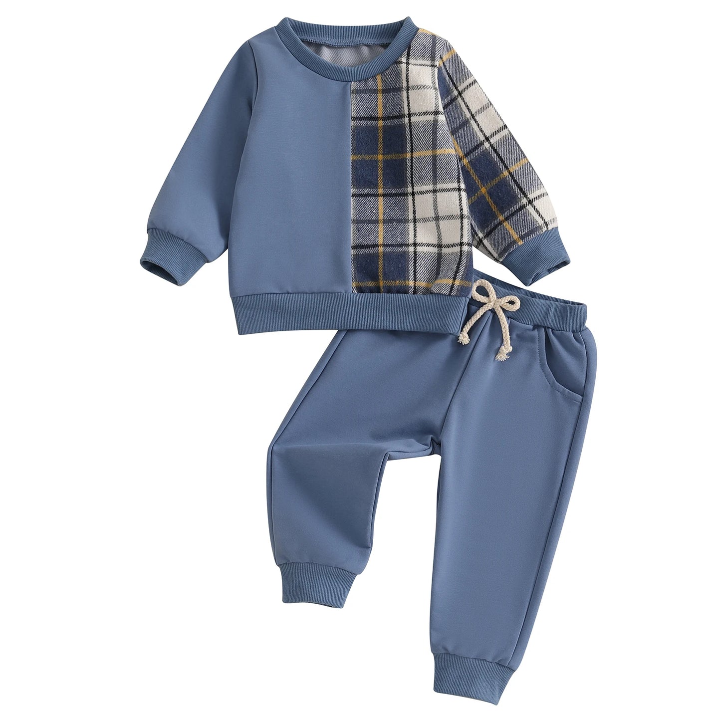 Kids Autumn Plaid Outfit Set with Long Sleeve Tops and Pants
