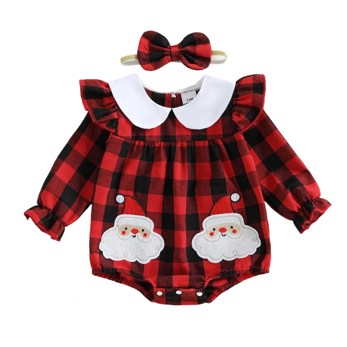 Baby Girls Plaid Romper with Embroidered Collar & Headband Set