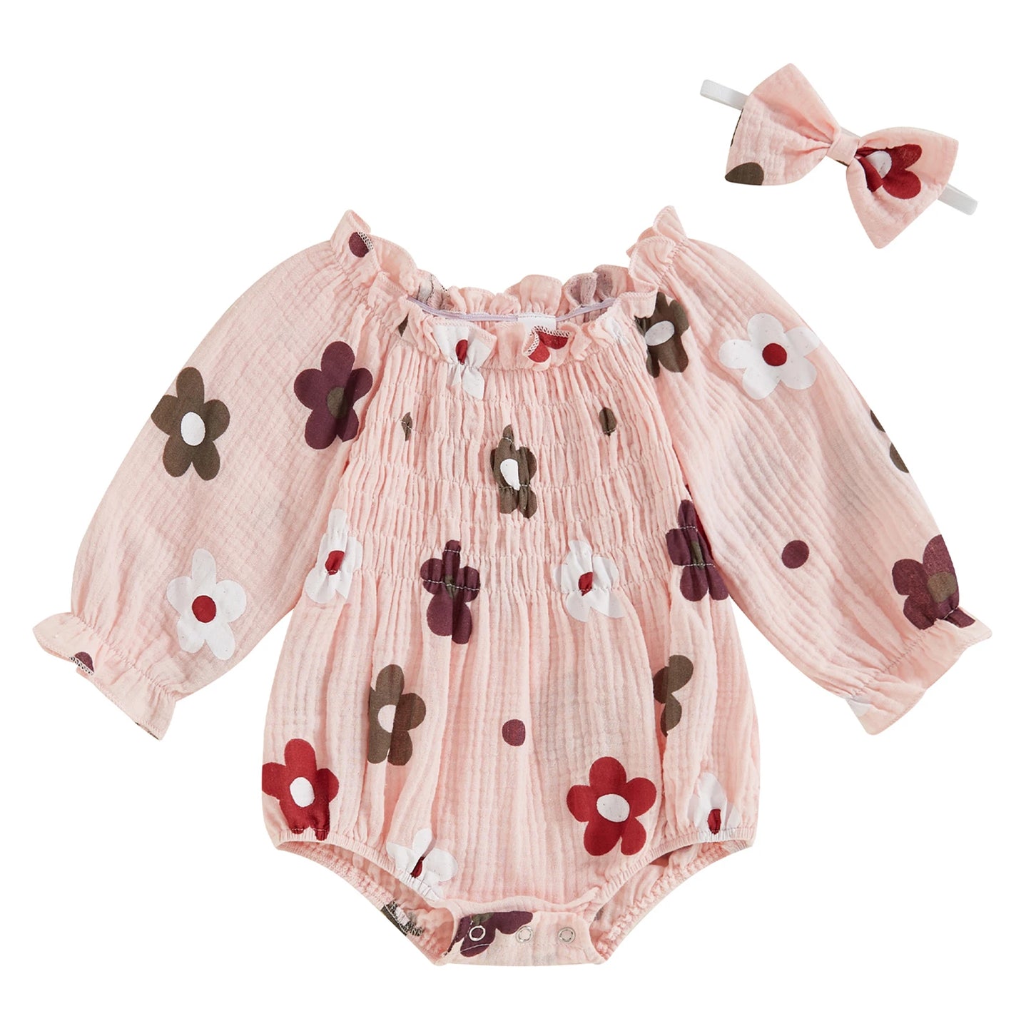 Autumn Floral Ruffled Bodysuit Set for Baby Girls with Headband