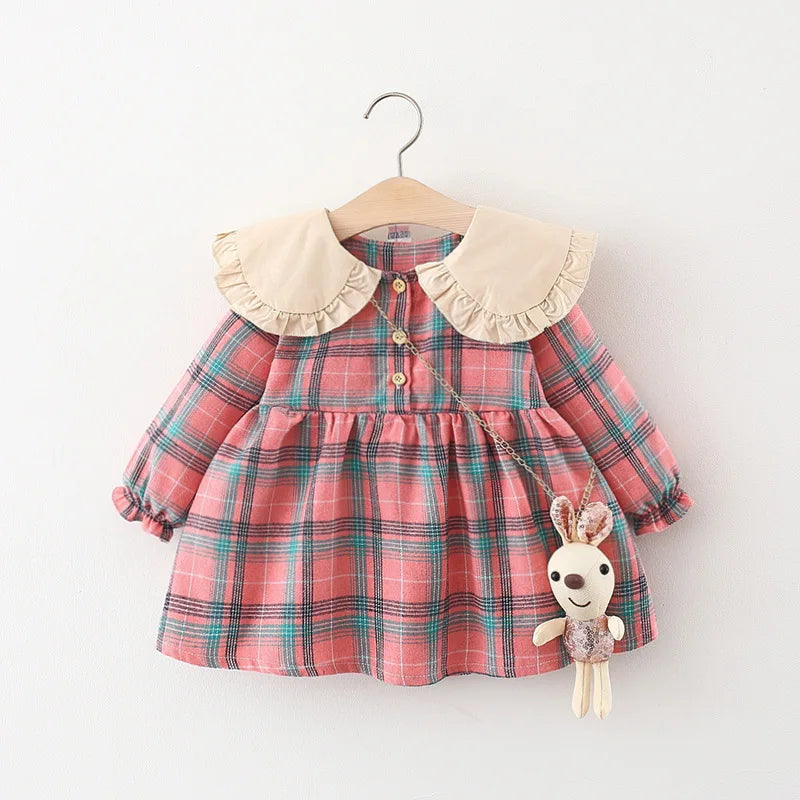 Red Plaid Baby Dress Set with Rabbit Doll for Girls