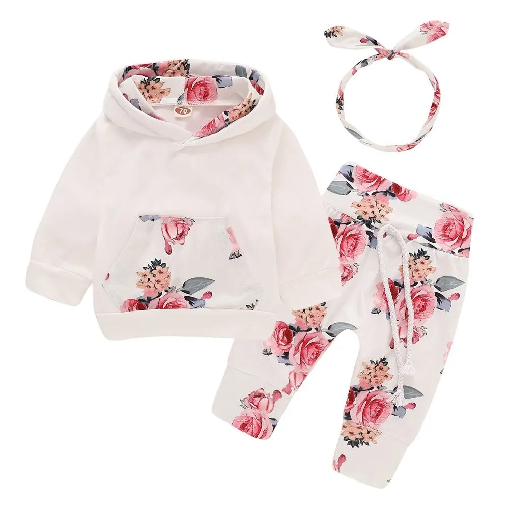 3PCS Baby Girl Floral Hooded Set with Headband 0-18 Months