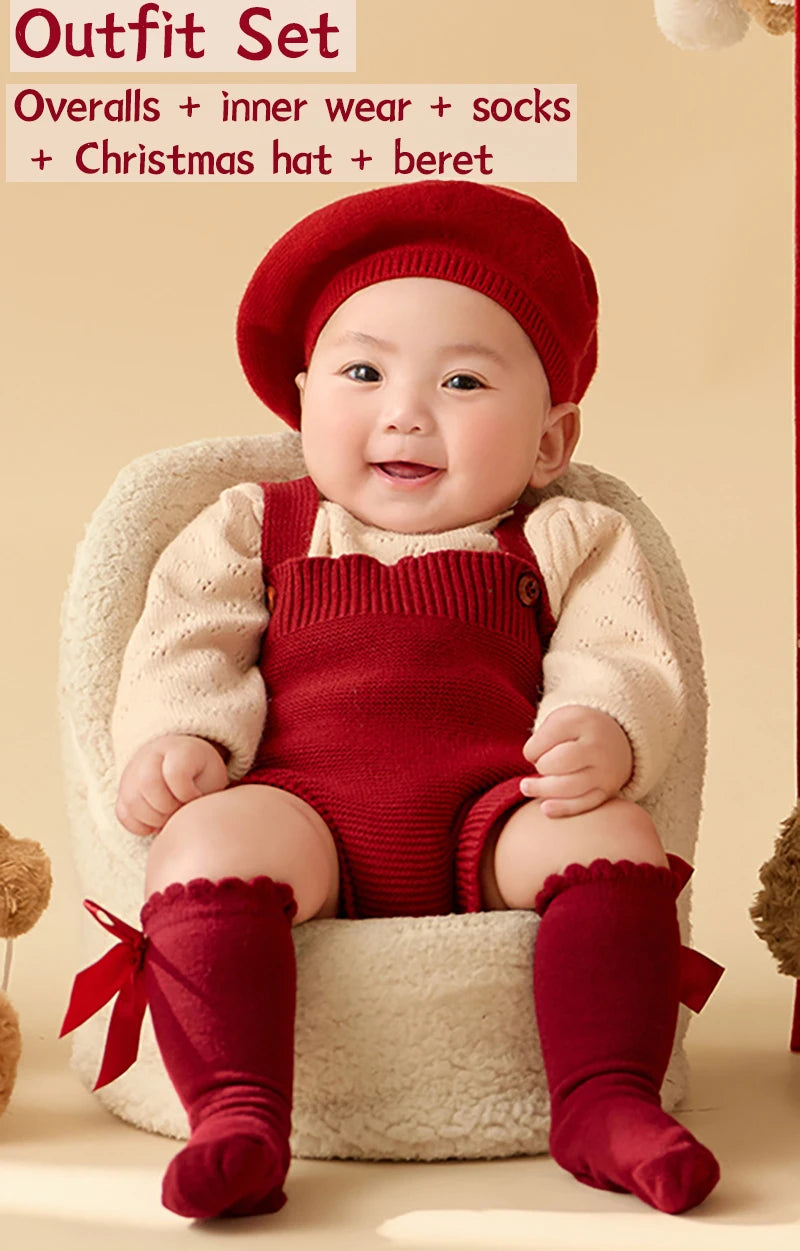 Christmas Baby Outfit Set with Knitted Hat and Socks