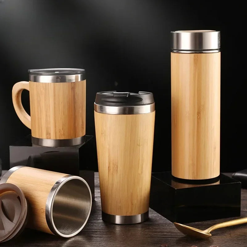 Bamboo Thermos: Eco-Friendly Stainless Steel Vacuum Flask with Flip Lid