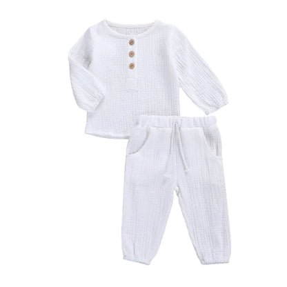 Kids Casual Cotton Linen Long Sleeve Tops & Pants Set