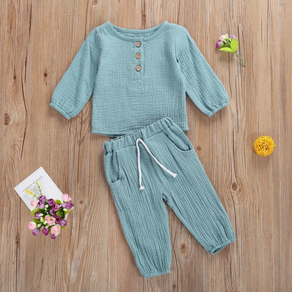 Kids Casual Cotton Linen Long Sleeve Tops & Pants Set