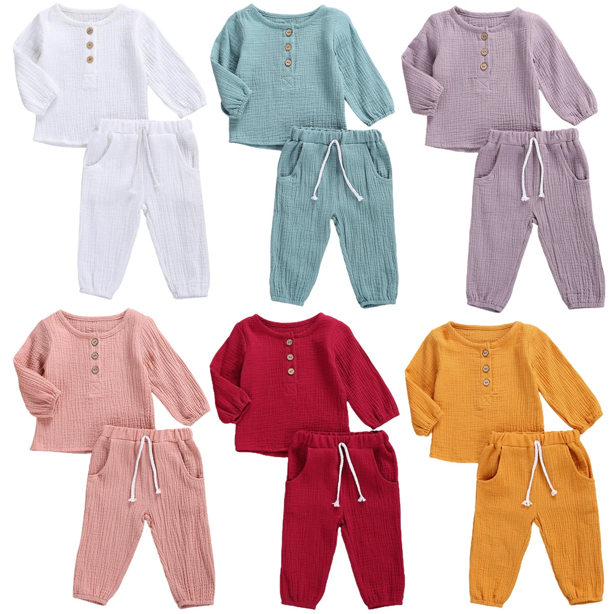 Kids Casual Cotton Linen Long Sleeve Tops & Pants Set