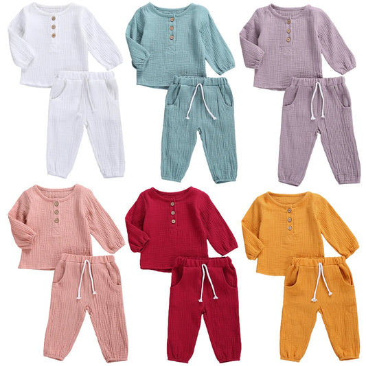 Kids Casual Cotton Linen Long Sleeve Tops & Pants Set