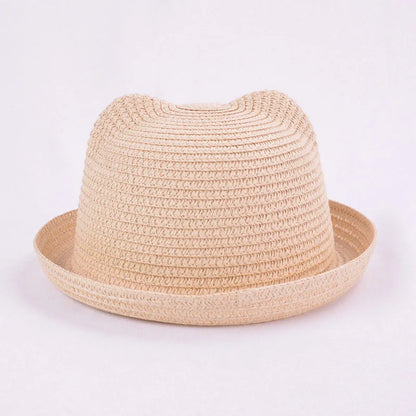 Cute Kids Straw Bucket Hat with Ears for Summer Sun Protection