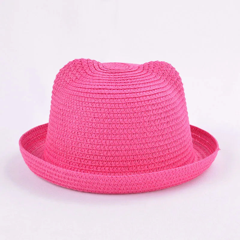 Cute Kids Straw Bucket Hat with Ears for Summer Sun Protection
