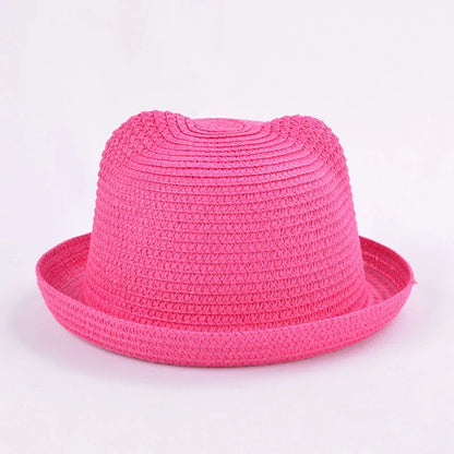 Cute Kids Straw Bucket Hat with Ears for Summer Sun Protection