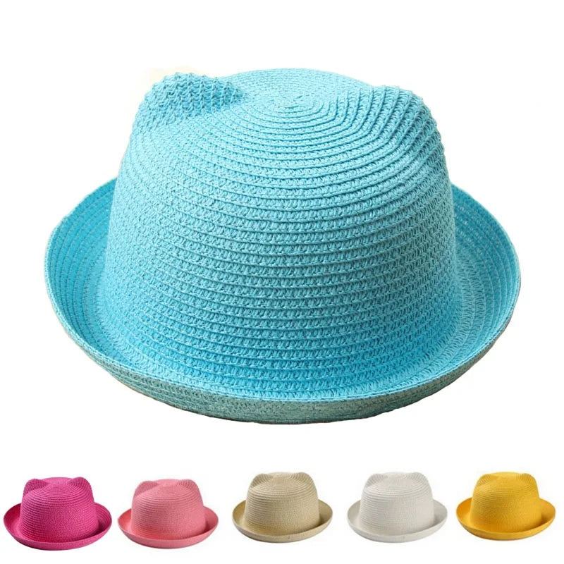 Cute Kids Straw Bucket Hat with Ears for Summer Sun Protection