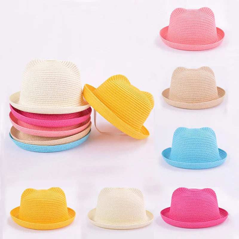 Cute Kids Straw Bucket Hat with Ears for Summer Sun Protection