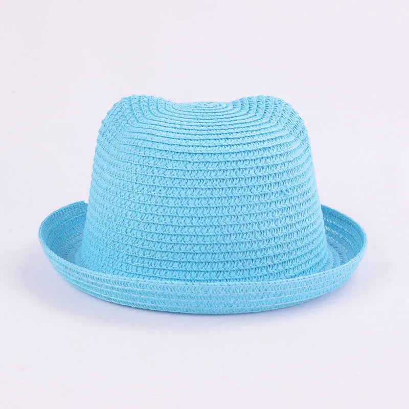 Cute Kids Straw Bucket Hat with Ears for Summer Sun Protection
