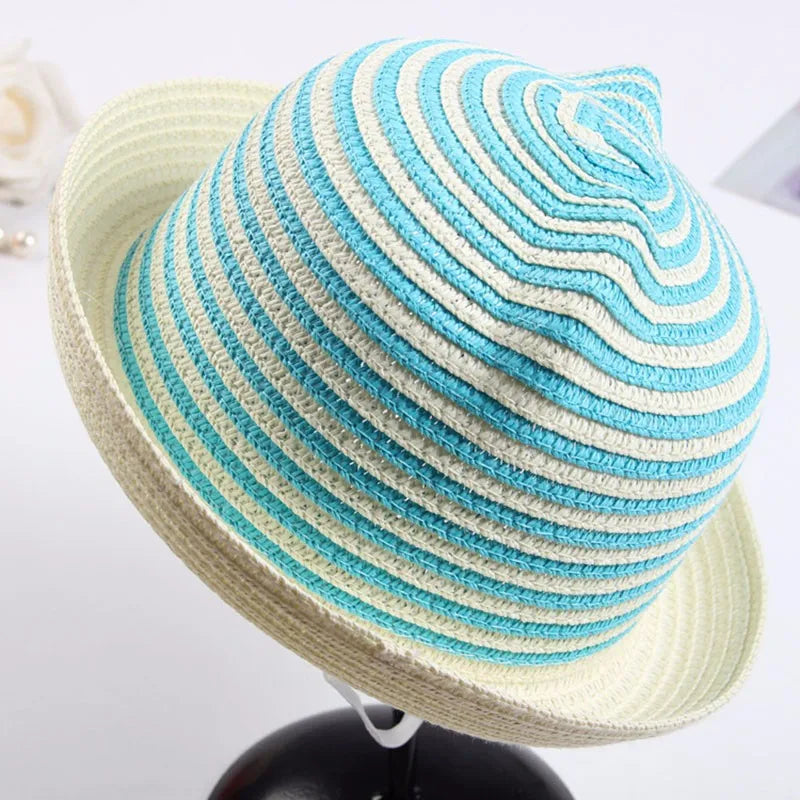 Cute Kids Straw Bucket Hat with Ears for Summer Sun Protection