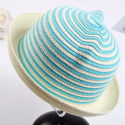 Cute Kids Straw Bucket Hat with Ears for Summer Sun Protection