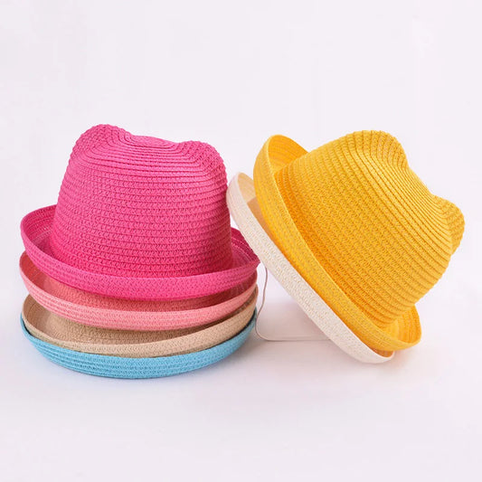 Cute Kids Straw Bucket Hat with Ears for Summer Sun Protection
