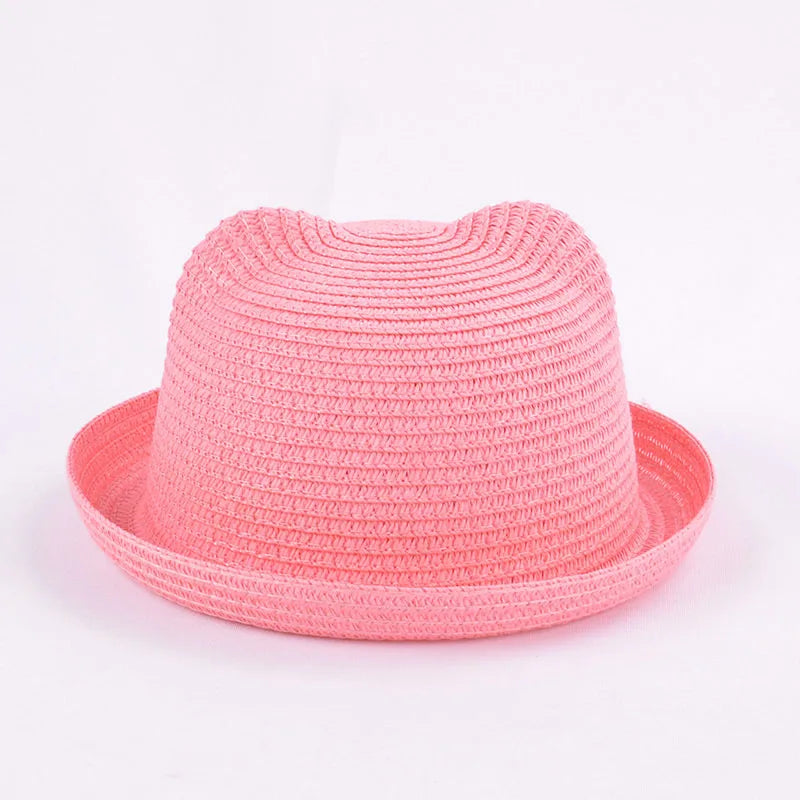 Cute Kids Straw Bucket Hat with Ears for Summer Sun Protection