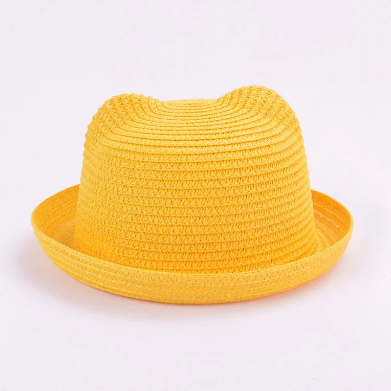 Cute Kids Straw Bucket Hat with Ears for Summer Sun Protection