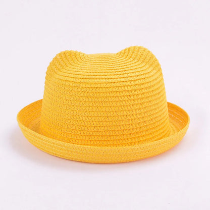 Cute Kids Straw Bucket Hat with Ears for Summer Sun Protection