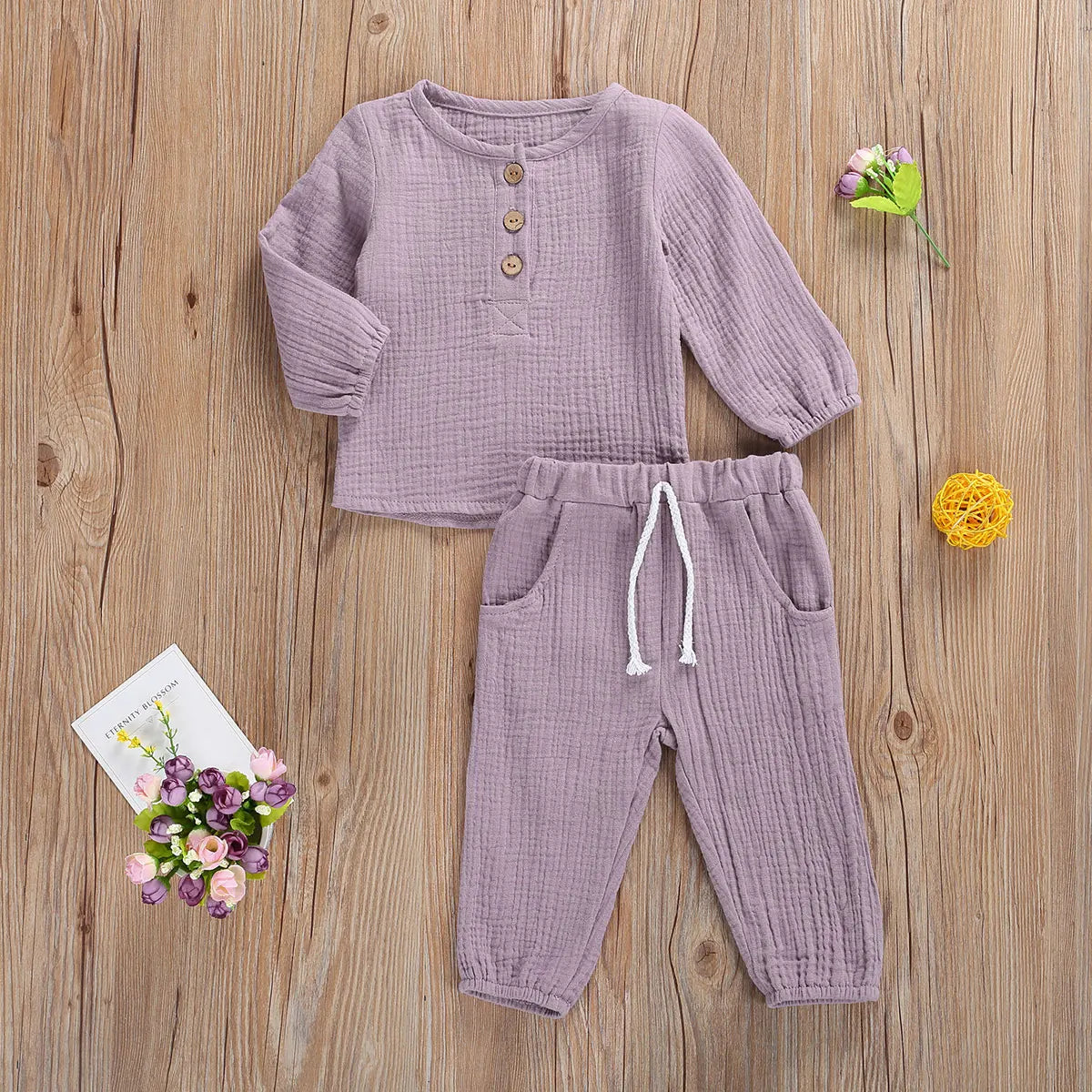 Kids Casual Cotton Linen Long Sleeve Tops & Pants Set