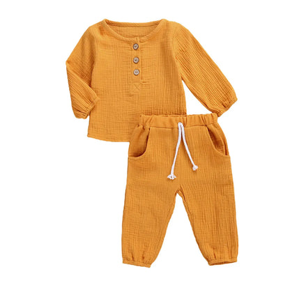 Kids Casual Cotton Linen Long Sleeve Tops & Pants Set