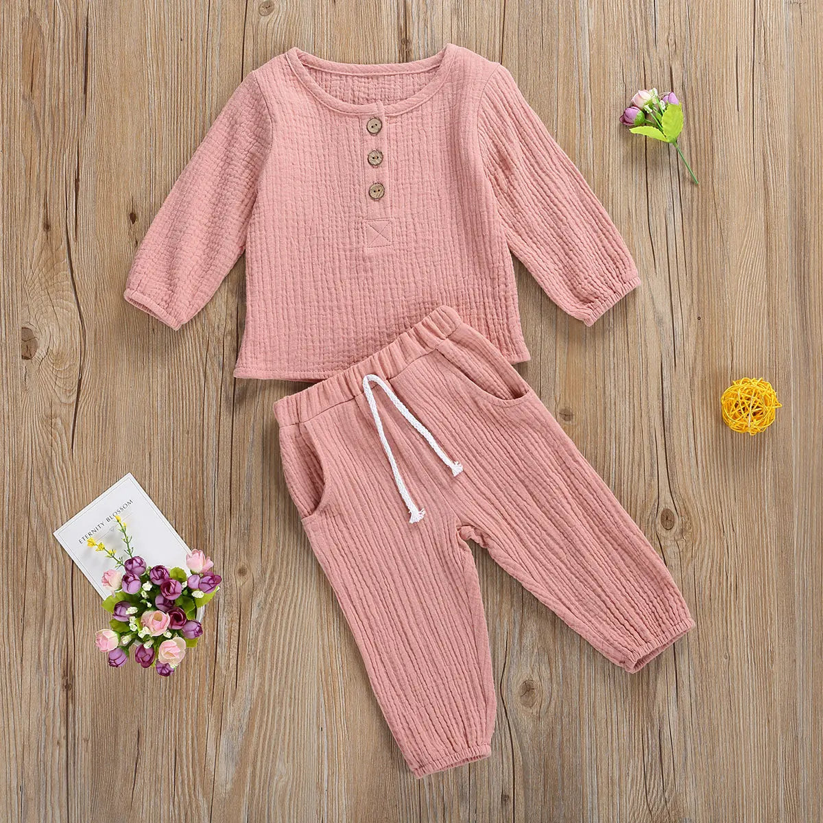 Kids Casual Cotton Linen Long Sleeve Tops & Pants Set