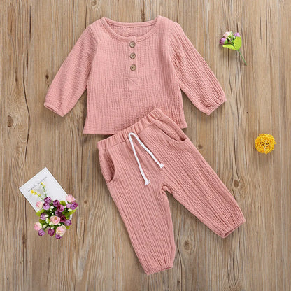 Kids Casual Cotton Linen Long Sleeve Tops & Pants Set