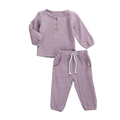 Kids Casual Cotton Linen Long Sleeve Tops & Pants Set