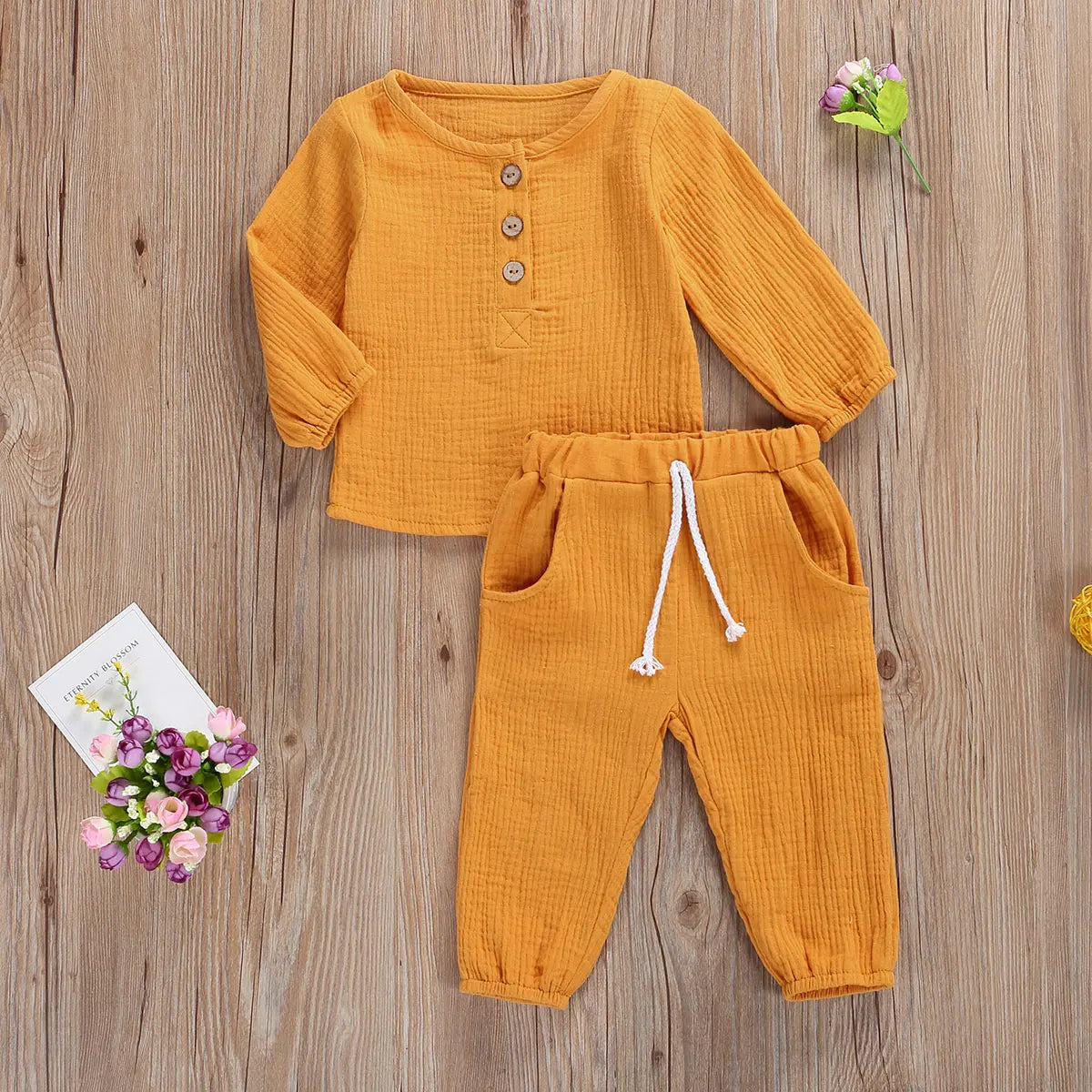 Kids Casual Cotton Linen Long Sleeve Tops & Pants Set