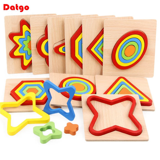 Colorful 3D Wooden Geometric Shapes Puzzle for Kids