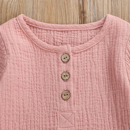 Kids Casual Cotton Linen Long Sleeve Tops & Pants Set