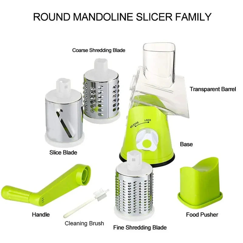 Manual Rotary Cheese and Vegetable Grater with 3 Drums
