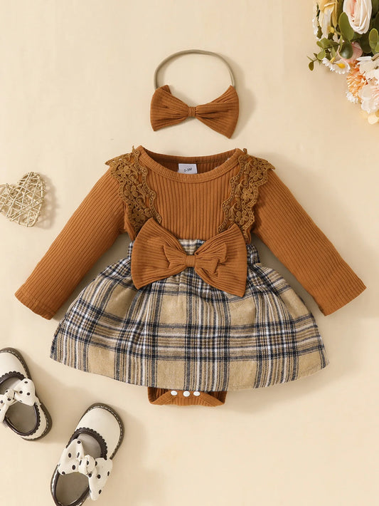 Plaid Long Sleeve Jumpsuit with Bow for Baby Girls 0-18M