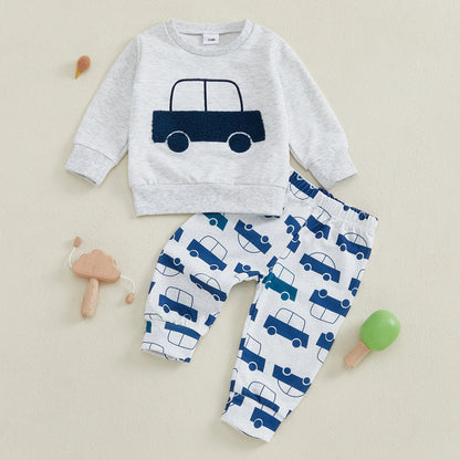 Baby Boys Fall Outfit Set - Car Embroidery Sweatshirt & Pants