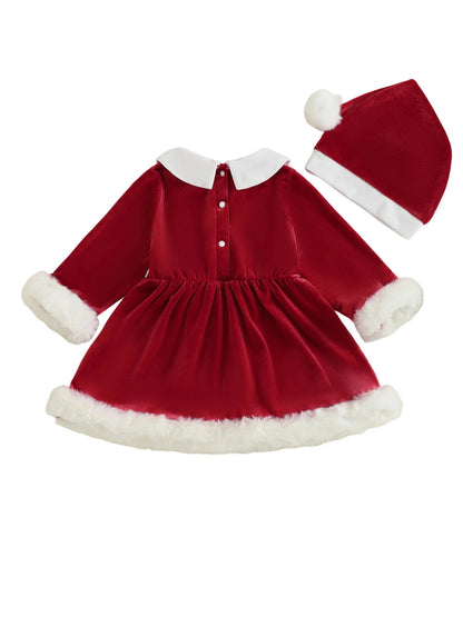 Baby Girl Christmas Velvet Dress with Santa Hat Set