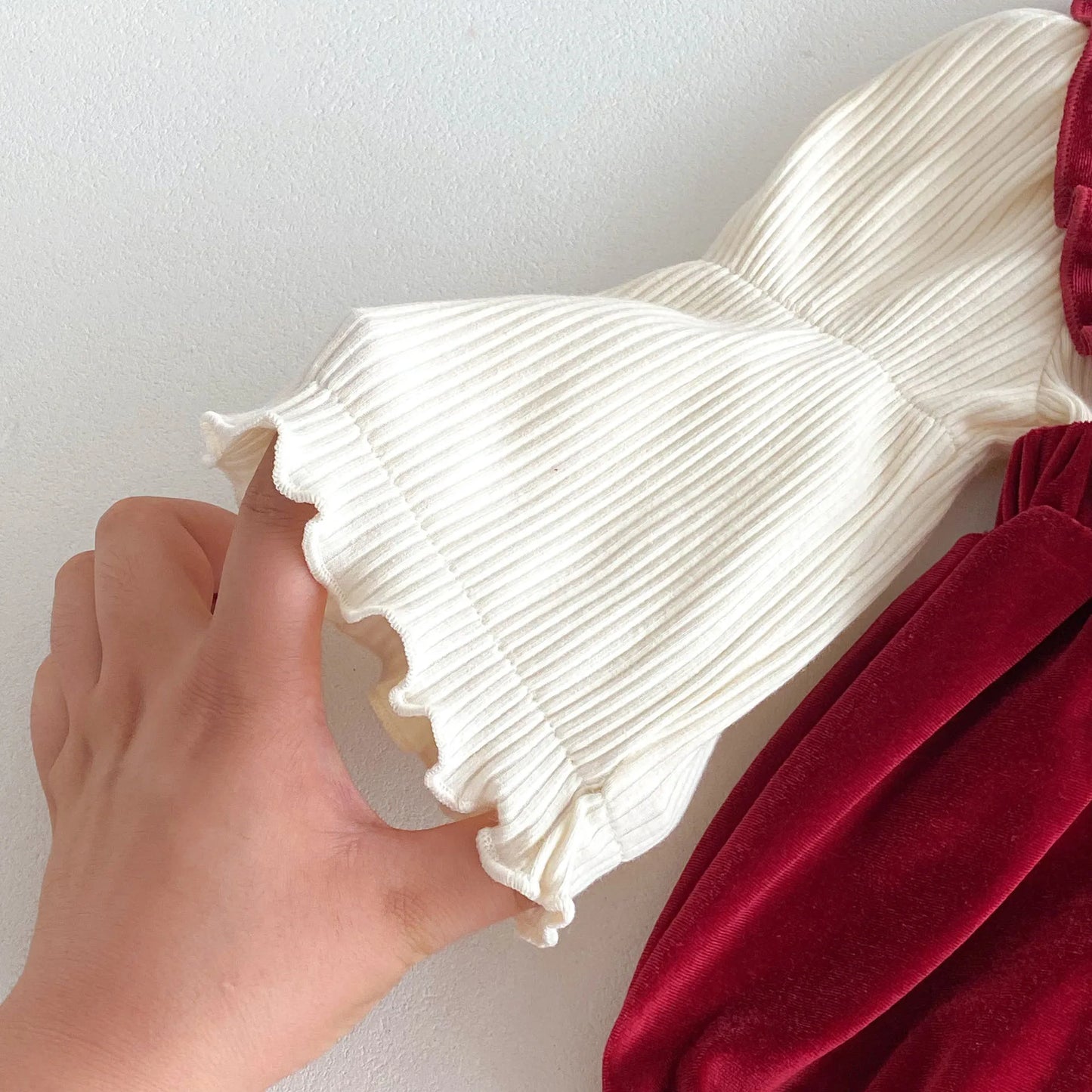 Burgundy Velvet Baby Romper with Bow and Ruffle 0-24M