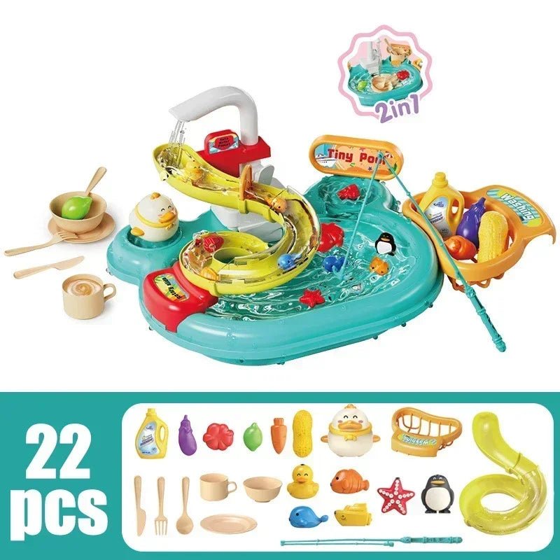 Kids Kitchen Dishwashing Basin & Fishing Pretend Play Set