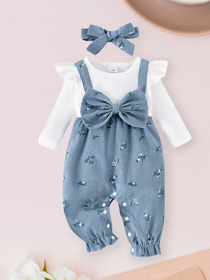 Floral Long Sleeve Romper Set for Baby Girls with Bow Headband