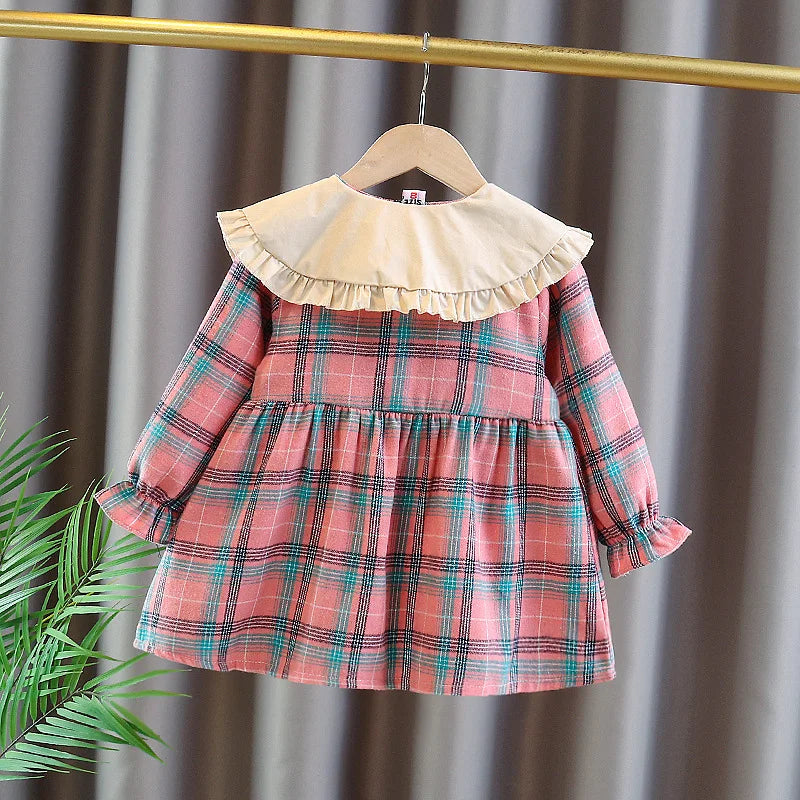 Checkered Peter Pan Collar Dress for Baby Girls
