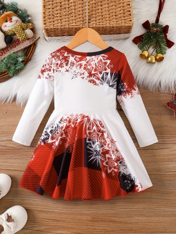 Toddler Girl's Cartoon Snowman Long Sleeve Christmas Dress