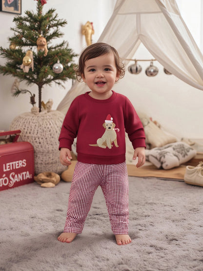 Toddler Boys' Dog Embroidered Sweatshirt & Plaid Pants Set