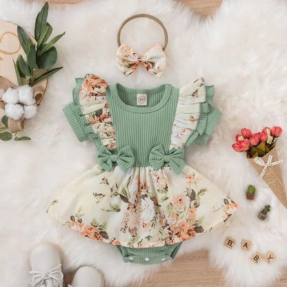 Cotton Striped Baby Girl Dress with Bowknot Headband