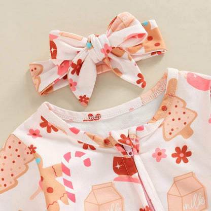 Christmas Baby Girls Jumpsuit Set with Headband and Print