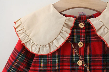 Red Plaid Baby Dress Set with Rabbit Doll for Girls