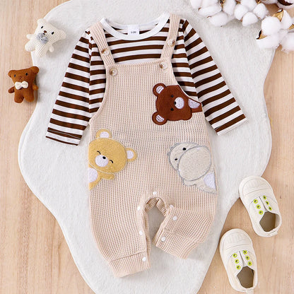 Infant Striped Bear Embroidery Overall Set for Fall 0-18M