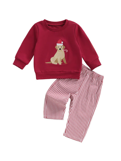 Toddler Boys' Dog Embroidered Sweatshirt & Plaid Pants Set