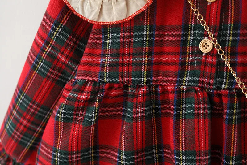 Red Plaid Baby Dress Set with Rabbit Doll for Girls